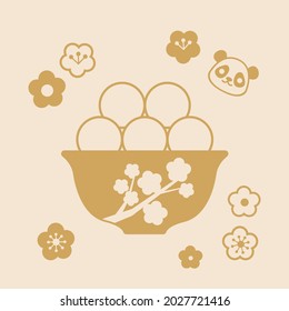 Tangyuan rice balls. Gold bowl icon. Panda bear s head, sakura blossom, food plate, golden symbols. Traditional Asian food. Happy dragon boat festival with cute rice dumpling character.