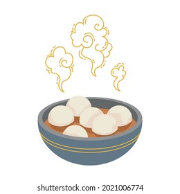 Tangyuan rice balls. Taiwanese traditional holiday food. Steam rises from the broth in the cup. Lantern Festival. Vector illustration in a flat style isolated.