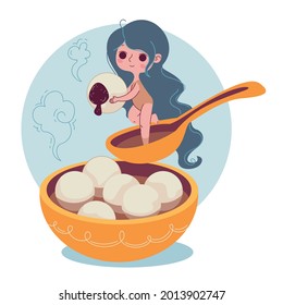 Tangyuan rice balls. Traditional festive food for the new year in China in an orange porcelain bowl. Chinese dessert in cute cartoon style. Girl fun in a spoon.