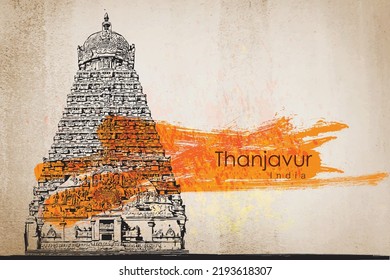 Tanjore Chola brihadisvara temple in India vector illustration hand drawing South India