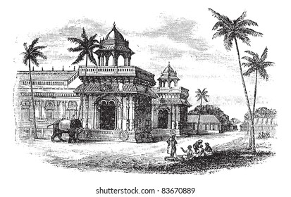 Palacio Tanjore, ilustración vintage. Exterior del palacio de Tanjore. Enciclopedia Trousset (1886-1891).