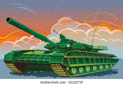 Tank vor dem Hintergrund der Kämpfe.