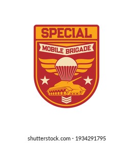 Tank and airborne forces special squad isolated military chevron of armored division. Vector survival heavy troops with tank tracks and parachutes, skydiving parachuting. Officer insignia armed forces