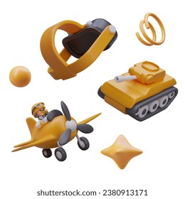 Tank, airplane and cartoon character in realistic style for cartoon army. Combat, airplane control. VR 3d computer mini war game concept. Vector illustration in yellow colors