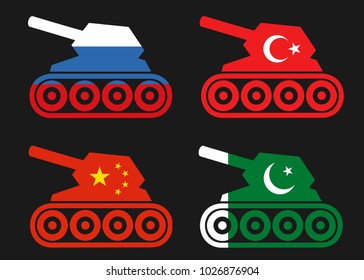 Tank, Armored military vehicle, in the colors of national flags - Russia, China, Turkey, Pakistan. Vector illustration.