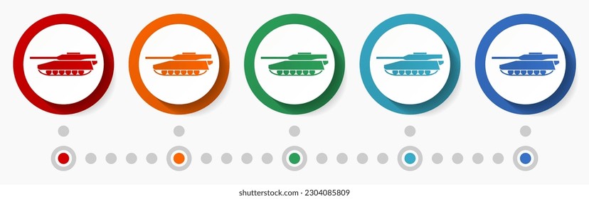 Tank, army concept vector icon set, infographic template, flat design colorful web buttons in 5 color options