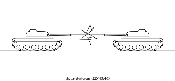 Tank Battle In Continuous Line Art Drawing Style. Armed Conflict Black Linear Sketch Isolated On White Background. Vector Illustration