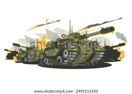 Tank Battle Scene. Vector illustration depicting a dynamic and intense battle with multiple tanks, explosions, and missiles in a war-torn environment.