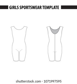 Girls’ tank biketard with mid length trousers. Vector template, mockup for sample demonstration. Kids biketard, camisole, sport suit for gymnastics, acrobatics, dance. Vector illustration in outlines.