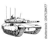Tank black and white vector illustration. Merkava mark IV of Israel Defense Forces Military machine. Hand drawn war ink clipart