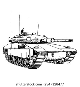 Tank, schwarz-weiß, Vektorgrafik. Merkava kennzeichnet IV des israelischen Militärmaschinerie der Verteidigungskräfte. Handgezeichnete Clipart-Clipart