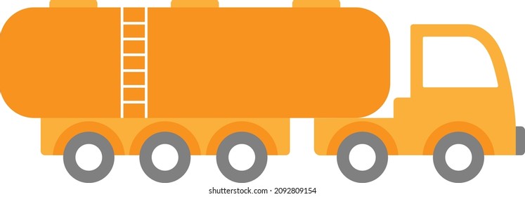 Tank car delivering cargo. Cartoon vehicle for road landscape design in children's books. large tractor-truck is carrying a long heavy tank of liquid fuel. Multi-wheeled orange car. Automobile icon.