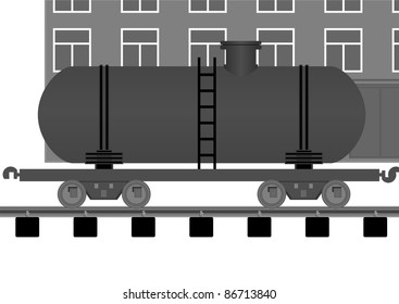 Tank car on a moving background of the building on the tracks.