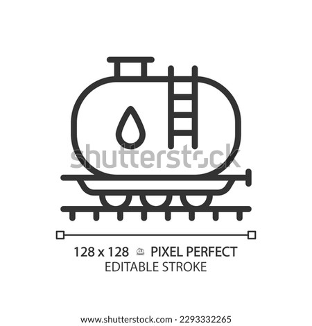 Tank car pixel perfect linear icon. Gasoline transportation. Railroad wagon. Diesel fuel. Liquid cargo. Thin line illustration. Contour symbol. Vector outline drawing. Editable stroke
