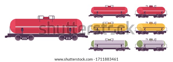 Tank car wagon for railway transportation.\
Liquid, oil, gaseous commodities commercial delivery, tanker\
transport business industry. Vector flat style cartoon\
illustration, different views and\
colors