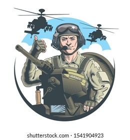 Tank commander or gunner in the turret of a tank. Vector illustration.