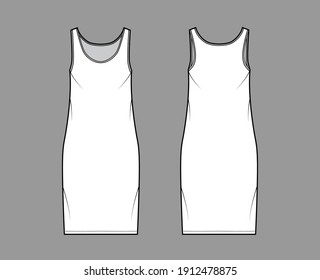 Tank dress technical fashion illustration with scoop neck, straps, knee length, oversized body, Pencil fullness. Flat apparel template front, back, white color. Women, men, unisex CAD mockup