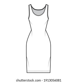 Tank dress technical fashion illustration with scoop neck, straps, knee length, fitted body, Pencil fullness. Flat apparel template front, white color. Women, men, unisex CAD mockup