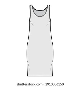 Tank dress technical fashion illustration with scoop neck, straps, knee length, oversized body, Pencil fullness. Flat apparel template front, grey color. Women, men, unisex CAD mockup