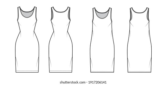 Tank dress technical fashion illustration with scoop neck, straps, knee length, oversized, fitted body, Pencil fullness. Flat apparel template front, back, white color. Women, men, unisex CAD mockup