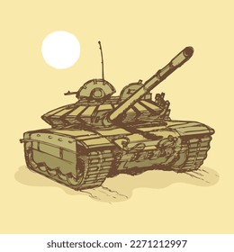Tank mit dynamischer Rüstung auf dem Hintergrund der schleichenden Sonne. Skizze. Vektorgrafik