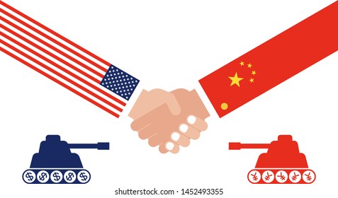 Tank facing each other, Shaking hands with China flag and United states flag vector