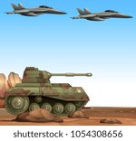 Tank and fighter jets in desert war zone
