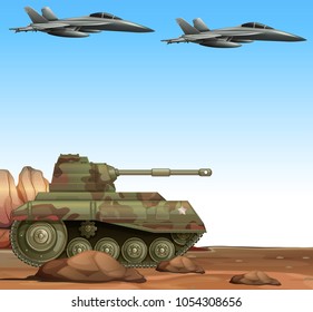 Aviones de tanque y caza en la zona de guerra del desierto