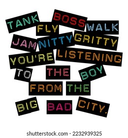Tank Fly Boss Walk colourful word cloud vector design.