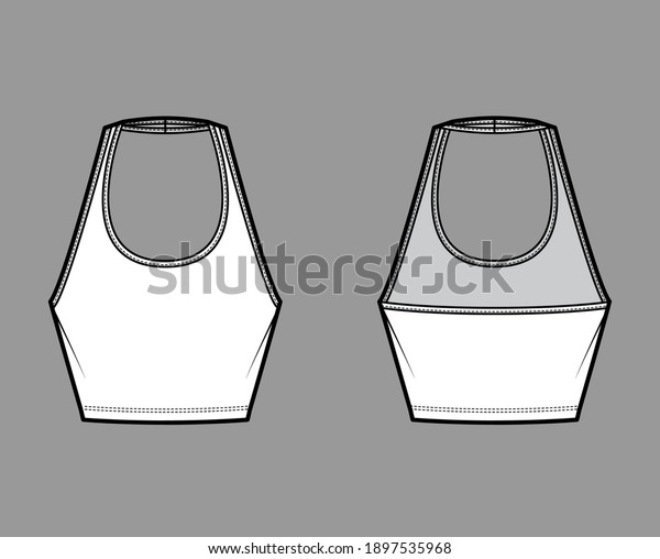 Tank halter scoop neck\
Crop top technical fashion illustration with slim fit, waist\
length. Flat apparel outwear template front, back, white color.\
Women men unisex CAD\
mockup