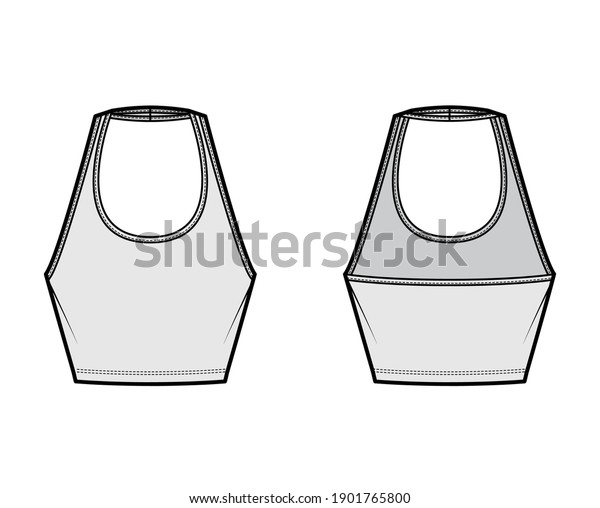 Tank halter scoop neck
Crop top technical fashion illustration with slim fit, waist
length. Flat apparel outwear template front, back, grey color.
Women men unisex CAD
mockup