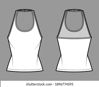 Tank halter scoop neck top technical fashion illustration with slim fit, tunic length. Flat apparel shirt outwear template front, back, white color. Women men unisex CAD mockup