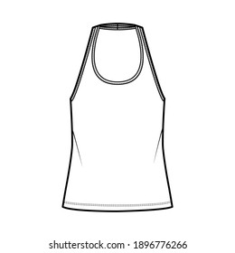 Tank halter scoop neck top technical fashion illustration with oversized, tunic length. Flat apparel shirt outwear template front, white color. Women men unisex CAD mockup