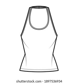 Tank halter scoop neck top technical fashion illustration with slim fit, tunic length. Flat apparel shirt outwear template front, white color. Women men unisex CAD mockup