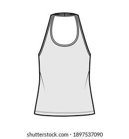 Tank halter scoop neck top technical fashion illustration with oversized, tunic length. Flat apparel shirt outwear template front, grey color. Women men unisex CAD mockup