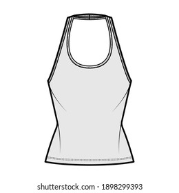 Tank halter scoop neck top technical fashion illustration with slim fit, tunic length. Flat apparel shirt outwear template front, grey color. Women men unisex CAD mockup