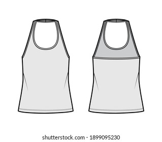 Tank halter scoop neck top technical fashion illustration with oversized, tunic length. Flat apparel shirt outwear template front, back, grey color. Women men unisex CAD mockup