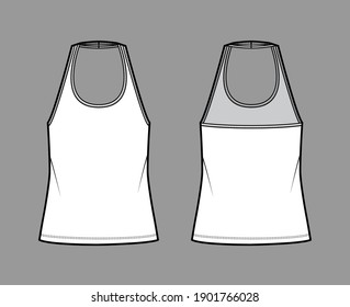 Ilustración técnica de moda superior del cuello de la cuchara de la cuchara del tanque con longitud túnica sobredimensionada. Ropa de ropa plana de la camisa delantera, trasera, color blanco. Hombres mujeres unisex maquillaje CAD