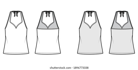 Tank halter sweetheart neck top technical fashion illustration with bow, oversized, tunic length. Flat apparel outwear template front, back, white, grey color. Women men unisex CAD mockup