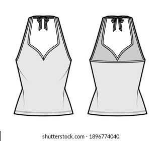 Tank halter sweetheart neck top technical fashion illustration with bow, slim fit, tunic length. Flat apparel outwear template front, back, grey color. Women men unisex CAD mockup