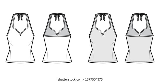 Tank halter sweetheart neck top technical fashion illustration with bow, slim fit, tunic length. Flat apparel outwear template front, back, white, grey color. Women men unisex CAD mockup