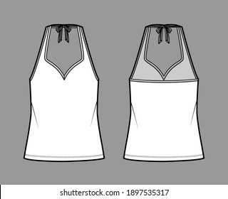 Tank halter sweetheart neck top technical fashion illustration with bow, oversized, tunic length. Flat apparel outwear template front, back, white color. Women men unisex CAD mockup