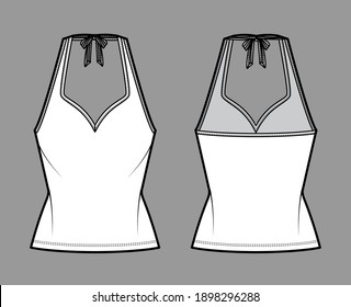 Tank halter sweetheart neck top technical fashion illustration with bow, slim fit, tunic length. Flat apparel outwear template front, back, white color. Women men unisex CAD mockup