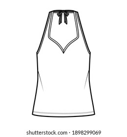 Tank halter sweetheart neck top technical fashion illustration with bow, oversized, tunic length. Flat apparel outwear template front, white color. Women men unisex CAD mockup