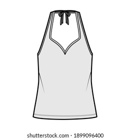 Tank halter sweetheart neck top technical fashion illustration with bow, oversized, tunic length. Flat apparel outwear template front, grey color. Women men unisex CAD mockup