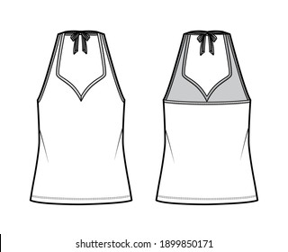 Tank halter sweetheart neck top technical fashion illustration with bow, oversized, tunic length. Flat apparel outwear template front, back, white color. Women men unisex CAD mockup