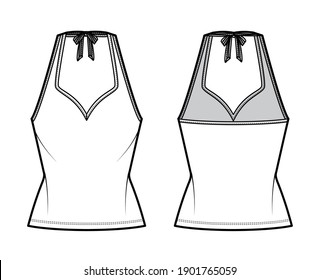 Tank halter sweetheart neck top technical fashion illustration with bow, slim fit, tunic length. Flat apparel outwear template front, back, white color. Women men unisex CAD mockup