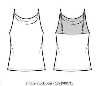 Ilustración técnica de la moda Camisole del depósito de alto caulo con correas delgadas ajustables, de tamaño excesivo, de longitud túnica. Prendas planas de ropa de vestir superior de la plantilla delantera, trasera, color blanco. Hombres mujeres unisex maquillaje CAD