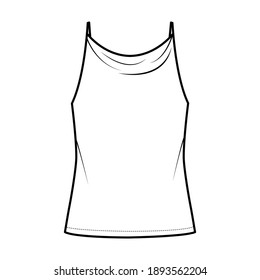 Tank high cowl Camisole technical fashion illustration with thin adjustable straps, oversized, tunic length. Flat apparel outwear top template front, white color. Women men unisex CAD mockup