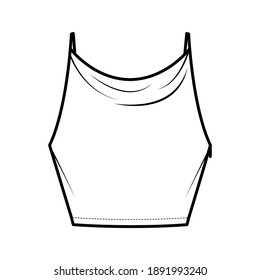 Tank high cowl Crop Camisole technical fashion illustration with thin adjustable straps, slim fit, waist length. Flat outwear top template front, white color. Women men unisex CAD mockup